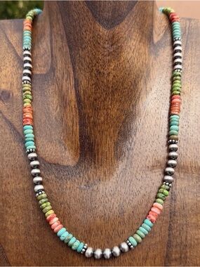 Sterling Silver Multi Stone W Pearls Bead Necklace. 20 Inch